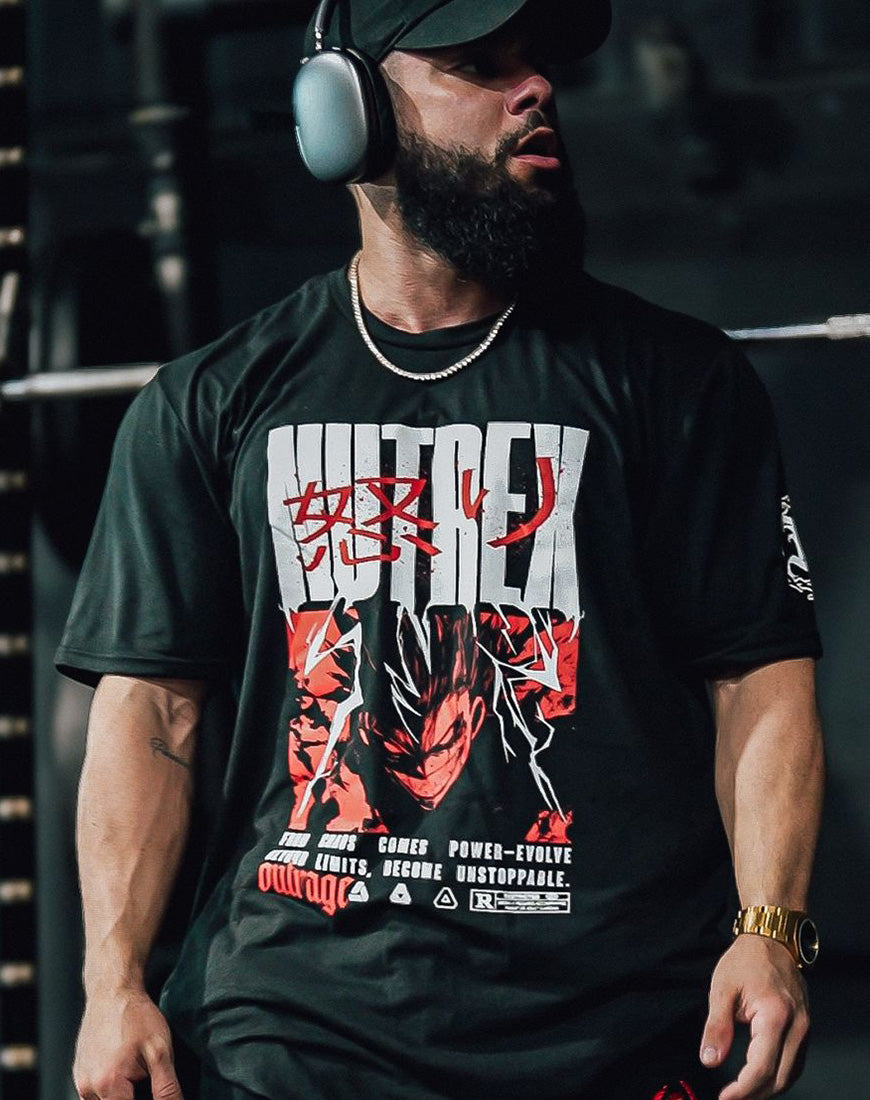 Model wearing Nutrex branded t-shirt and headphones