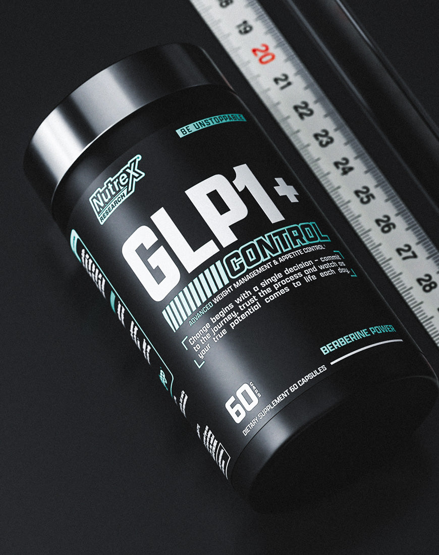 GLP1+ Control supplement bottle on neutral background